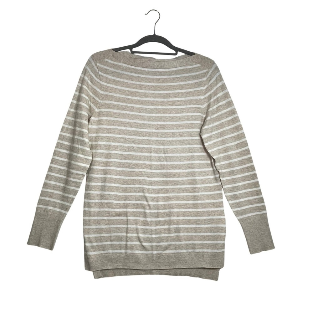 J.Crew Factory Sm Beige White‎ Stripe Cotton Sweater Boat Neck Nautical Coastal